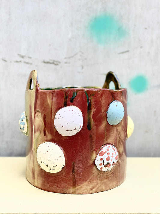 Kruka med bubblor. Mossgrön / roströd